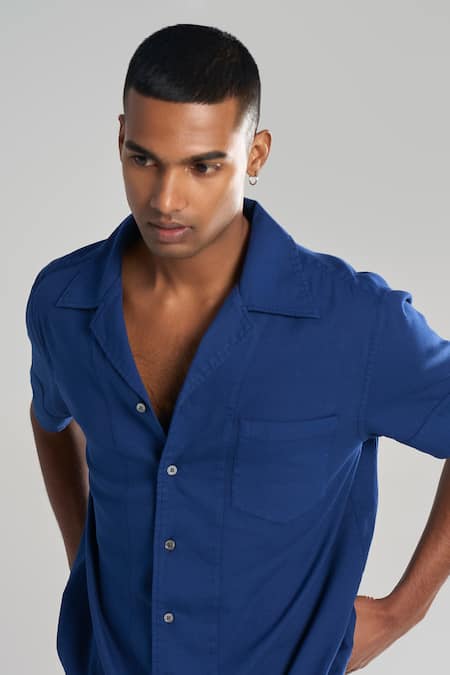 Terra Luna_Blue Cotton Vacay Camp Side Pocket Solid Shirt _Online_at_Aza_Fashions