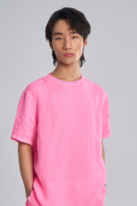 Terra Luna Pink Linen Aurora Plain T-shirt Online at Aza Fashions Terra Luna_Pink Linen Aurora Plain T-shirt _Online_at_Aza_Fashions