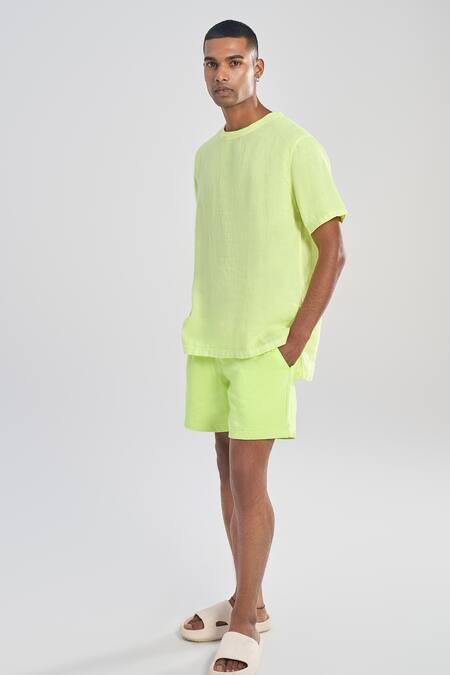 Buy_Terra Luna_Yellow 100% Linen Plain T-shirt _Online_at_Aza_Fashions