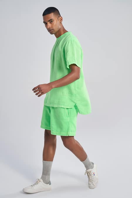 Buy_Terra Luna_Green Linen Plain Half Sleeve T-shirt _Online_at_Aza_Fashions