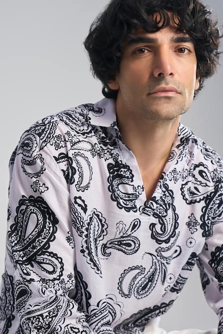 Terra Luna_White Cotton Embroidery The Mystical Popover Organic Paisley Pattern Shirt _Online_at_Aza_Fashions