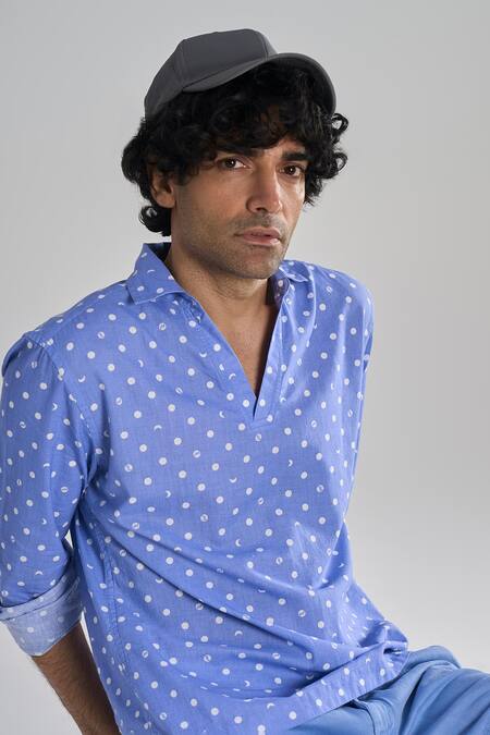 Terra Luna_Sky Blue Cotton The Mystical Popover Polka Dot Pattern Shirt _Online_at_Aza_Fashions