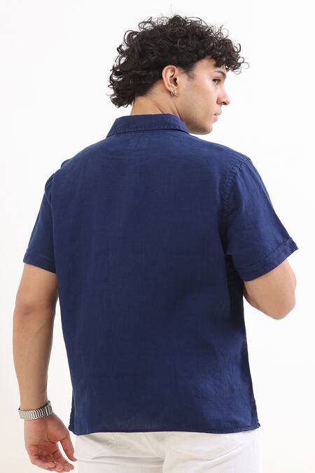 Shop_Terra Luna_Blue Linen Plain Shirt _at_Aza_Fashions