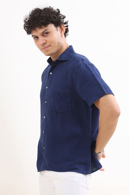 Terra Luna_Blue Linen Plain Shirt _Online_at_Aza_Fashions