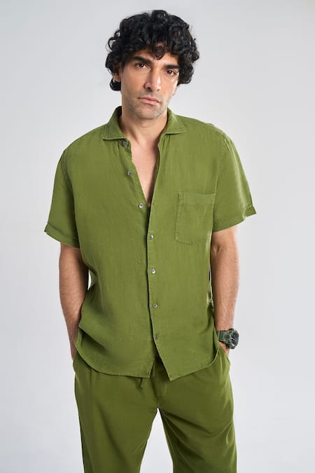 Terra Luna Green 100% Linen Plain Cutaway Collar Shirt 