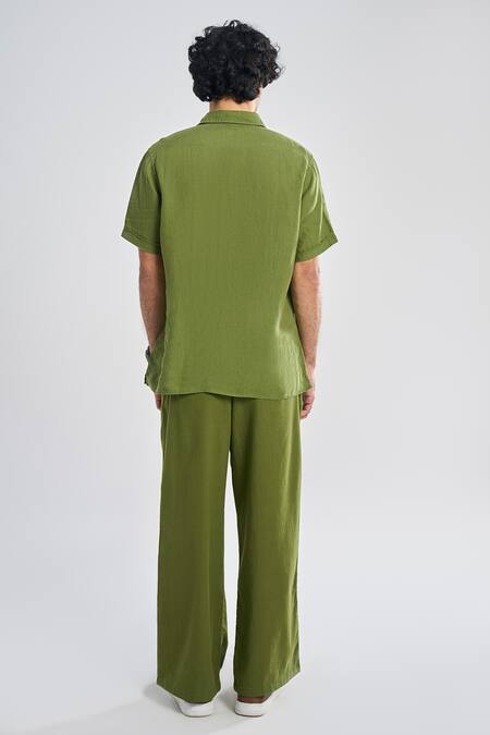 Shop_Terra Luna_Green Linen Cutaway Collar Shirt _at_Aza_Fashions