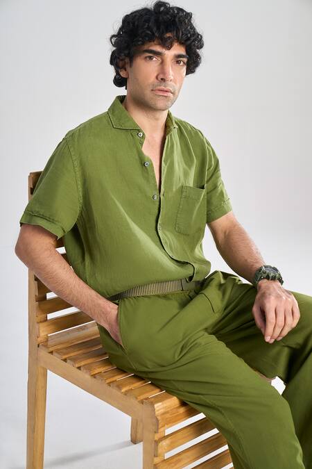 Terra Luna_Green Linen Cutaway Collar Shirt _Online_at_Aza_Fashions