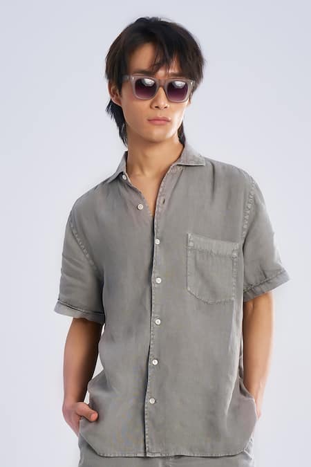Terra Luna Grey Linen Cutaway Collar Shirt Online at Aza Fashions Terra Luna_Grey Linen Cutaway Collar Shirt _Online_at_Aza_Fashions