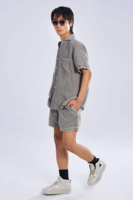 Buy Terra Luna Grey Linen Cutaway Collar Shirt Online at Aza Fashions Buy_Terra Luna_Grey Linen Cutaway Collar Shirt _Online_at_Aza_Fashions