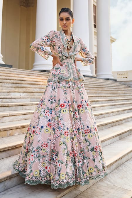 Pankaj & Nidhi Pink Tulle + Silk Organza Embroidered Floral The Xv Peplum Jacket  