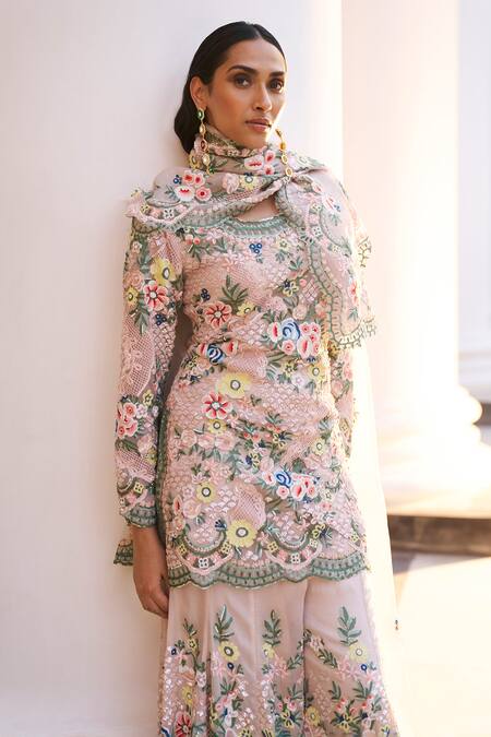 Pankaj & Nidhi_Pink Silk Organza, Tulle Sequins, Embroidery Round Neck The Xv Sharara Set _Online_at_Aza_Fashions