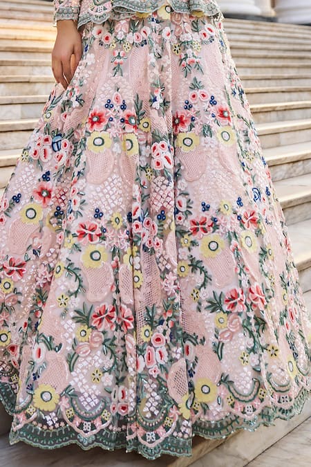 Pankaj & Nidhi_Beige Tulle, Silk Organza Sequins, Embroidery The Xv Peplum Jacket Lehenga Set _Online_at_Aza_Fashions