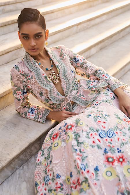 Buy_Pankaj & Nidhi_Beige Tulle, Silk Organza Sequins, Embroidery The Xv Peplum Jacket Lehenga Set _Online_at_Aza_Fashions