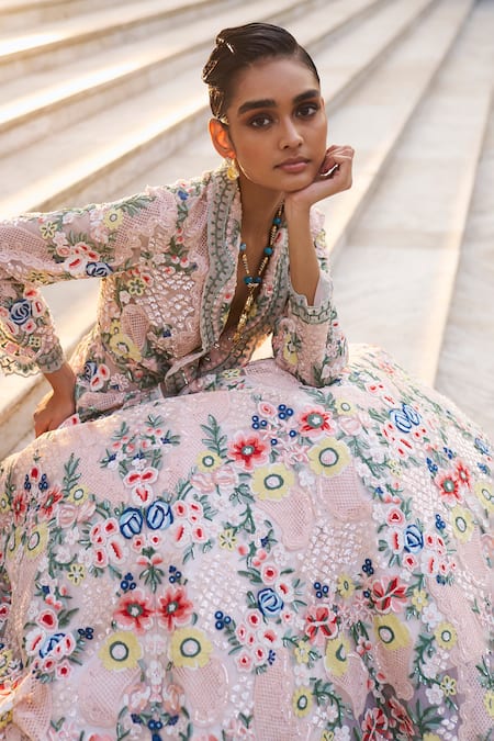 Shop_Pankaj & Nidhi_Beige Tulle, Silk Organza Sequins, Embroidery The Xv Peplum Jacket Lehenga Set _Online_at_Aza_Fashions