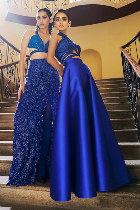 Shop Pankaj & Nidhi Blue Satin The Xv Glazed Panelled Skirt at Aza Fashions Shop_Pankaj & Nidhi_Blue Satin The Xv Glazed Panelled Skirt _at_Aza_Fashions