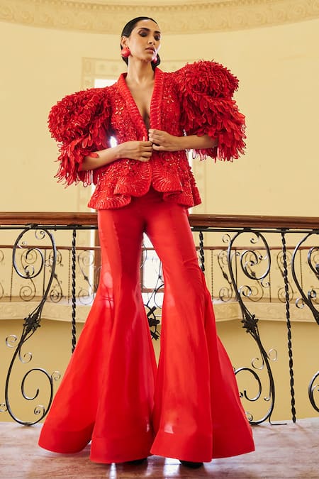 Pankaj & Nidhi Red Jacket Tulle + Silk The Xv Wing Sleeved Structured Pant Set  