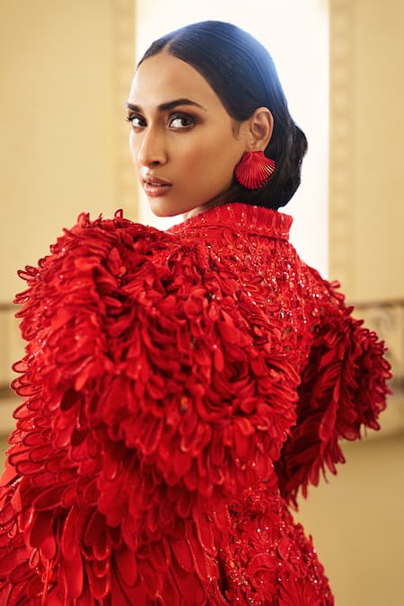 Shop_Pankaj & Nidhi_Red Tulle, Silk Organza The Xv Wing Sleeved Structured Jacket Pant Set _at_Aza_Fashions