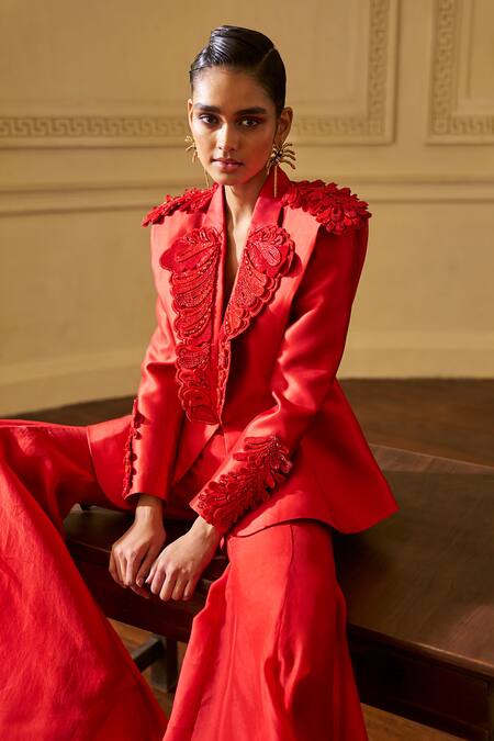 Shop_Pankaj & Nidhi_Red Satin, Twill Sequins, Beads V-neck The Xv Intagliare Embellished Jacket _at_Aza_Fashions