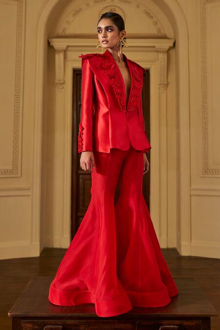 Pankaj & Nidhi_Red Satin, Twill Sequins, Beads V-neck The Xv Intagliare Embellished Jacket _Online_at_Aza_Fashions