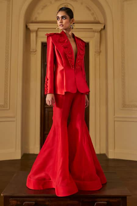 Pankaj & Nidhi Red Jacket Satin Twill Embellished The Xv Intagliare Pant Set  