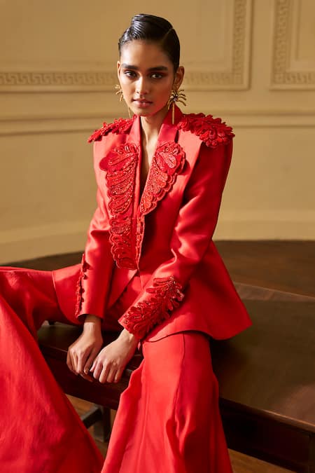 Shop_Pankaj & Nidhi_Red Satin, Silk Organza Sequins, The Xv Intagliare Embellished Jacket Pant Set _at_Aza_Fashions