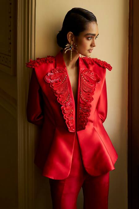 Pankaj & Nidhi_Red Satin, Silk Organza Sequins, The Xv Intagliare Embellished Jacket Pant Set _Online_at_Aza_Fashions