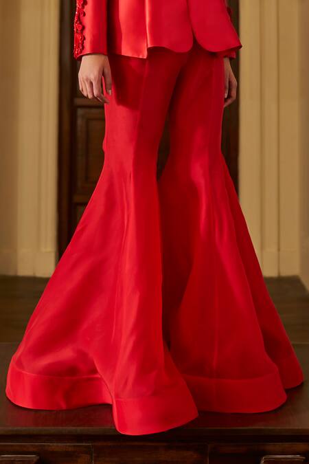 Buy_Pankaj & Nidhi_Red Satin, Silk Organza Sequins, The Xv Intagliare Embellished Jacket Pant Set _Online_at_Aza_Fashions