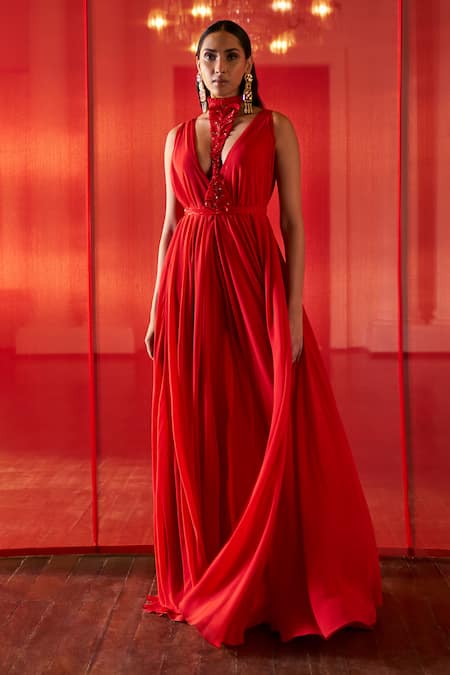 Pankaj & Nidhi Red Harness Tulle + Silk Organza The Xv Intagliare Dress With  