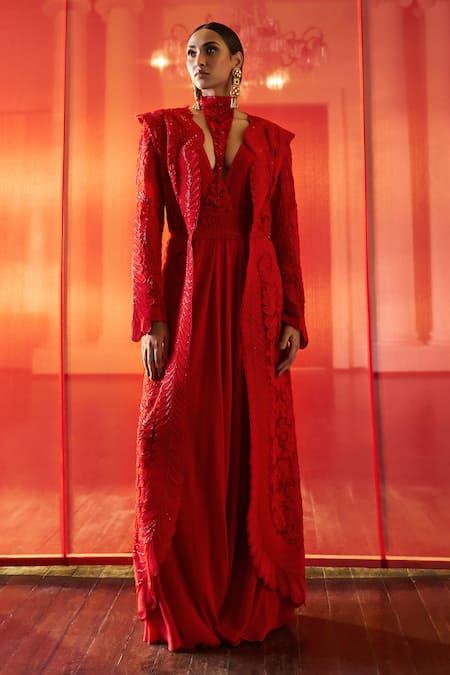 Pankaj & Nidhi Red Tulle + Silk Organza Embellished The Xv Conquistador Jacket  