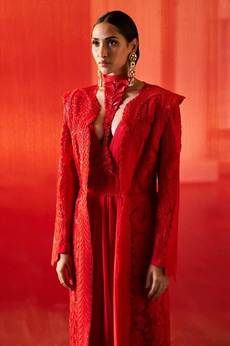 Pankaj & Nidhi_Red Tulle, Silk Organza Embroidery Open The Xv Conquistador Embellished Jacket _Online_at_Aza_Fashions