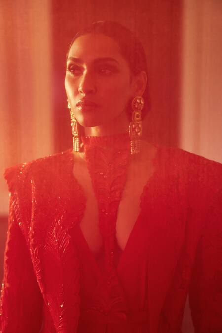 Buy_Pankaj & Nidhi_Red Tulle, Silk Organza Embroidery Open The Xv Conquistador Embellished Jacket _Online_at_Aza_Fashions