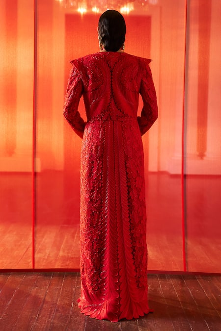 Shop Pankaj & Nidhi Red Crepe, Georgette, Tulle, The Xv Conquistador Embellished Jacket With Dress at Aza Fashions Shop_Pankaj & Nidhi_Red Crepe, Georgette, Tulle, The Xv Conquistador Embellished Jacket With Dress _at_Aza_Fashions