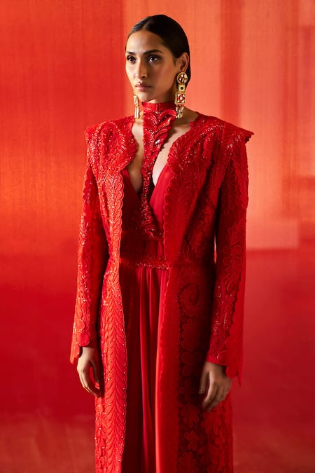 Pankaj & Nidhi Red Crepe, Georgette, Tulle, The Xv Conquistador Embellished Jacket With Dress Online at Aza Fashions Pankaj & Nidhi_Red Crepe, Georgette, Tulle, The Xv Conquistador Embellished Jacket With Dress _Online_at_Aza_Fashions