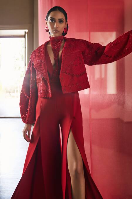 Pankaj & Nidhi_Red Tulle, Silk Organza, The Xv Intaglio Dragon Bomber Jacket With Jumpsuit _Online_at_Aza_Fashions