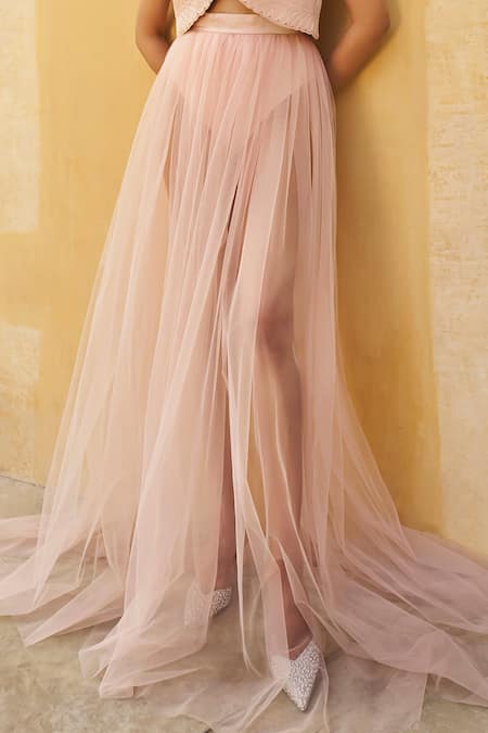 Pankaj & Nidhi_Pink Tulle, Silk Organza Embroidery Plunge The Xv Embellished Gilet And Skirt Set _Online_at_Aza_Fashions