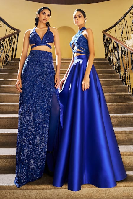 Buy Pankaj & Nidhi Blue Tulle, Satin Embroidery Halter Neck The Xv Hand Detailed Harness Top Online at Aza Fashions Buy_Pankaj & Nidhi_Blue Tulle, Satin Embroidery Halter Neck The Xv Hand Detailed Harness Top _Online_at_Aza_Fashions