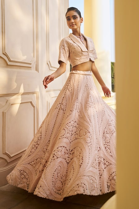 Pankaj & Nidhi_Peach Tulle, Silk Organza Pearls The Xv Cord Embellished Blouse And Lehenga Set _Online_at_Aza_Fashions