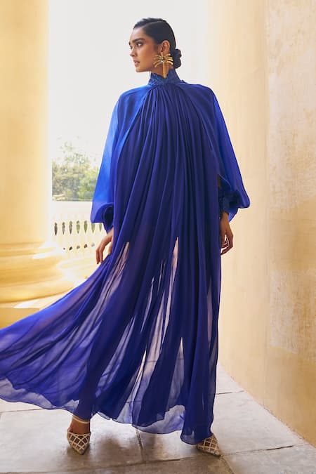 Pankaj & Nidhi Blue Georgette + The Xv Cowl Draped Cascade Long Cape  