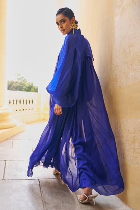 Pankaj & Nidhi_Blue The Xv Cowl Draped Cascade Long Cape _Online_at_Aza_Fashions