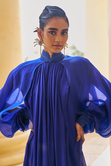 Buy_Pankaj & Nidhi_Blue The Xv Cowl Draped Cascade Long Cape _Online_at_Aza_Fashions
