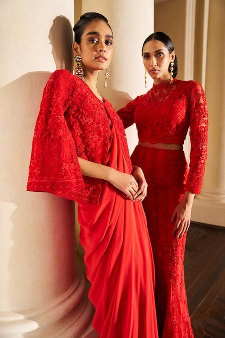 Pankaj & Nidhi_Red Crepe, Georgette, Tulle, The Xv Mir Pre-draped Saree With Embellished Cape _Online_at_Aza_Fashions