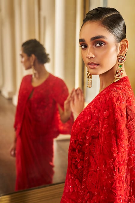 Buy_Pankaj & Nidhi_Red Crepe, Georgette, Tulle, The Xv Mir Pre-draped Saree With Embellished Cape _Online_at_Aza_Fashions