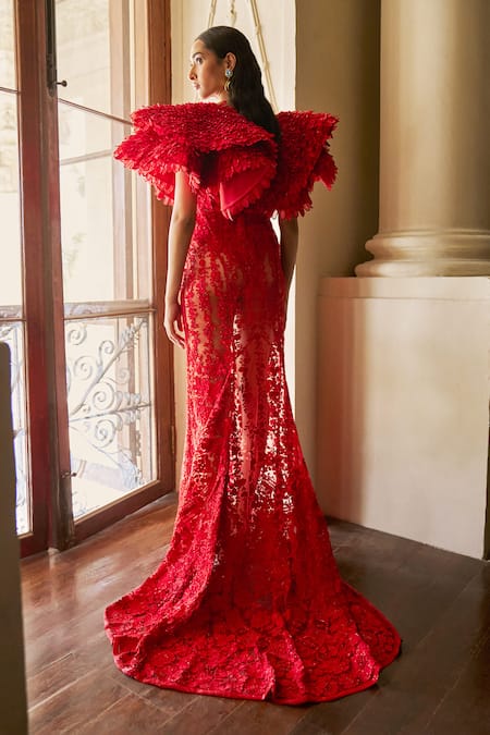 Shop_Pankaj & Nidhi_Red Tulle Embroidery, Applique Boat Neck The Xv Wing Sleeve Embellished Gown _at_Aza_Fashions