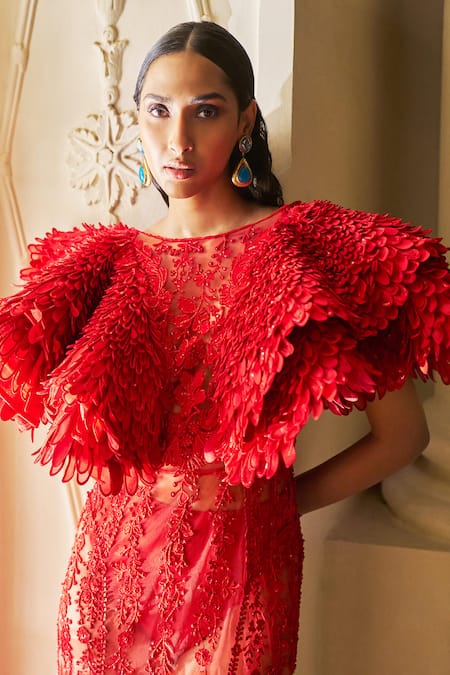 Pankaj & Nidhi_Red Tulle Embroidery, Applique Boat Neck The Xv Wing Sleeve Embellished Gown _Online_at_Aza_Fashions