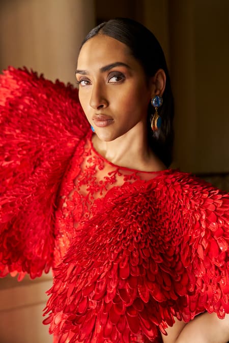 Buy_Pankaj & Nidhi_Red Tulle Embroidery, Applique Boat Neck The Xv Wing Sleeve Embellished Gown _Online_at_Aza_Fashions