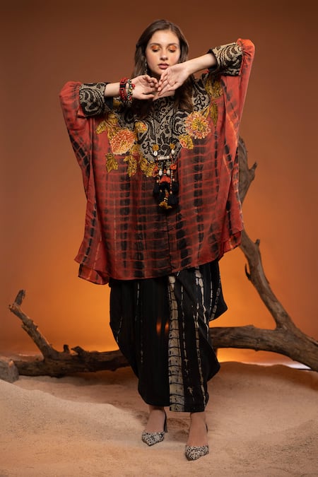 Buy_CAPISVIRLEO_Orange Cotton, Silk Embroidery Antiaris Patchwork Shirt Tunic And Dhoti Pant Set _Online_at_Aza_Fashions