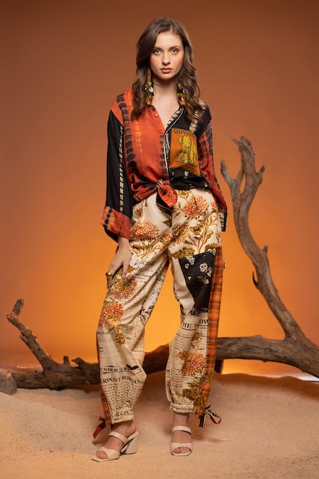 Shop_CAPISVIRLEO_Black Cotton Embroidery Collared Elephant Tie Dye Shirt _Online_at_Aza_Fashions