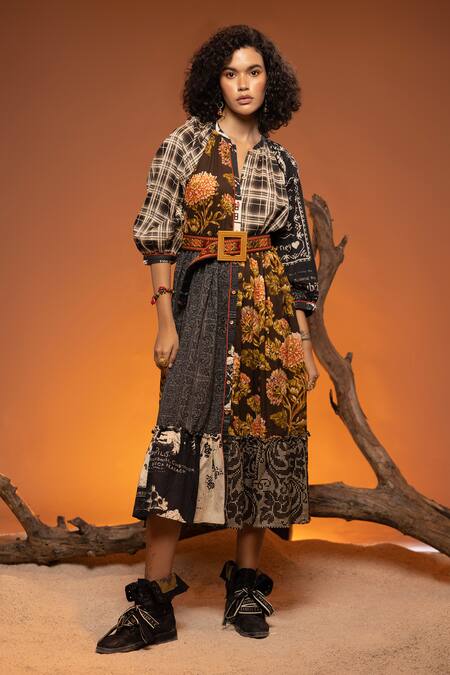 CAPISVIRLEO_Black Cotton Embroidery Bandeau Neck Bubinga Floral Patchwork Print Dress _Online_at_Aza_Fashions