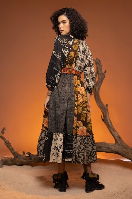 Buy_CAPISVIRLEO_Black Cotton Embroidery Bandeau Neck Bubinga Floral Patchwork Print Dress _Online_at_Aza_Fashions