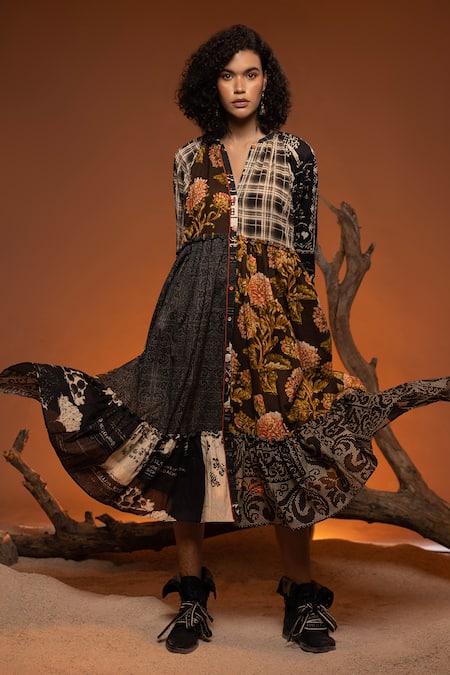 Shop_CAPISVIRLEO_Black Cotton Embroidery Bandeau Neck Bubinga Floral Patchwork Print Dress _Online_at_Aza_Fashions